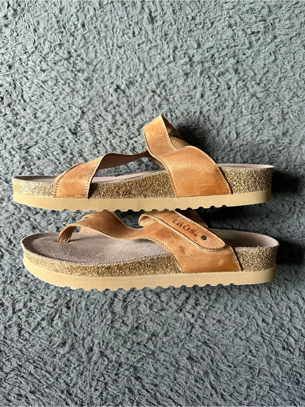 Taos Lola Leather Thong Sandals in Cognac Cork Platform Size 8/8.5